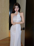 Girlary Floral Applique Backless Maxi Dresses Elegant Sexy White Going Out Dress Sexy Women Summer Party Outfits