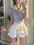 Girlary Japanese Lolita Kawaii Two Piece Set Women Lace France Sweet Cake Skirt Suit Female Korean Puff Sleeve Blouses ＋ Mini Skirt