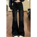 Girlary Women Black Gothic Cargo Flare Jeans Emo 2000s Vintage High Waist Baggy Denim Trousers Y2k Harajuku 90s Aesthetic Pants Clothes