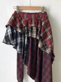 Girlary Streetwear Vintage High Waist A-line Skirts  All-match Clothing Irregular Patchwork Red Plaid Design Skirt Faldas 2024 summer