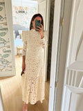 Girlary Women Elegant White Hollowed Lace Maxi Dress Chic Mock Neck Long Sleeved Shoulder Padded Robe 2024 Lady Holiday Fashion Vestidos