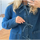 Girlary Lace Up Bow Denim Shirt Women Causal Long Sleeve Pocket Turn-down Collar Loose Blouses Top 2024 Spring Solid Office Lady Clothes