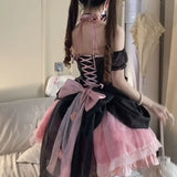 Girlary Japanese Black Pink Rose Color Blocked Off Shoulder Waist Fishbone Lace Lolita Dress Women Gothic Halloween Princess Dresses