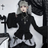 Girlary Victorian Gothic Lolita Blouses Women Sweet Elegant Lace Ruffles Turtleneck Slim Shirts Japanese Spring Autumn Long Sleeve Top