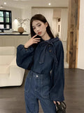 Girlary Denim Shirts Women Bow Bandage Puff Long Sleeve O Neck Button Vintage Fashion Ladies Blouse Elegant Tops Casual