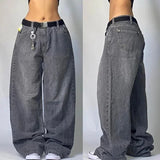 Girlary Y2K Vintage 90s Fashion Wing Pattern Baggy Jeans Women's New Harajuku Gothic High Waist Wide Leg Wide Trousers