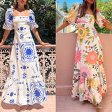 Girlary Summer Fashion Short Lantern Sleeve A-line Dresses Women Elegant Printed Square Neck Maxi Dress Female Vacation Street Long Robe