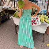 Girlary Green Striped Strapless Dress Women Elegant Casual Loose Long Beach Holiday Dresses Summer Fashion Folds Bohemia Outfits 2024