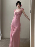 Girlary New Elegant Fashion Summer Pleats Dresses for Women Drawstring Evening Party Korean Pink Bodycon Female Clothing