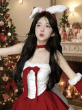 Girlary Japan Christmas Outfit For Women Sexy New Year Halloween Holiday Dresses Bunny Cosplay Velvet Red Dress Santa Party Performance