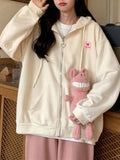 Girlary Chic Embroidered Hooded Korean Sweatshirt Women's Cardigan Autumn Thin Coat with Zipper Apricot Streetwear Hoodies (Size M-XL)