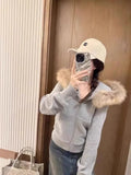 Girlary Autumn New Slim Zipper Jackets Y2k Long Sleeve Sweatshirts Vintage American Retro Fur Collar Hooded Cardigan Coat Women Spring