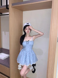 Girlary Bow Tie Lace Polka Dot Suspender Dress for Women's Summer French Sweet Short Blue Waist A-line Dress New