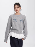 Girlary Autumn Winter New Long Sleeve Bow Sweater Women Fashion All-match Sweater Female Casual Versatile O-neck Knitting Tops