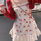 Girlary 2024 New Red Casual Crop Tops Cardigan Sweet Lace Y2k Mini Dress Party Sexy Strap Dress Korean Fashion Suit Woman Autumn Chic