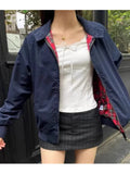 Girlary Casual Women Red Checkered Lining Jacket Coats Fall Retro Stand Collar Long Sleeves Solid Color Jakcets Female Chic Outwear