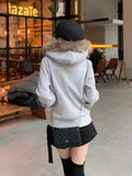 Girlary Vintage Faux Fur Collar Cropped Hoodies Women Streetwear Y2k Zip Up Hooded Sweatshirts Grunge Harajuku Long Sleeve Tops