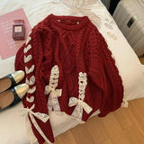 Girlary Red Pullover Women With Bow Design Knitted Versatile Loose Round Neck Spring Autumn Korean Style Casual New Style Chic