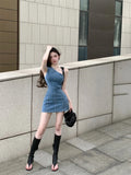 Girlary Summer New One Shoulder Bodycon Denim Mini Dress Women Sleeveless Backless Slim Vestidos Female Elastic Cowboy Clothing