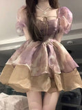 Girlary Summer Fairy Princess Short Sleeve Long-sleeved Party Dress Temperament Fashionable Mesh Square Collar A-line Evening Dress