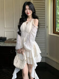 Girlary Off-shoulder Halterneck Ruffles Mini Dress Women Autumn Solid Fairycore Long Sleeve A-line Pleated Vestidos Elegant French Mujer