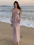 Girlary Elegant Purple Fairy Beach Dress Sexy Spaghetti Strap Ruffle Slim Evening Dresses Summer Holiday Vestidos Long Robe New Outfits