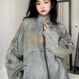 Girlary Embroidered Design Vintage Denim Jacket High Street Loose Coats Unisex Hip Hop Stand Collar Baseball Jacket For Women