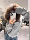 Girlary Vintage Fur Patchwork Hooded Grunge Zip Up Hoodies Women Casual All Match Korean Pocket Coats Y2k Aesthetic Gray Sweatshirts