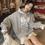 Girlary Bow Knot Splicing Lace Hoodie Coat Women Clothing Autumn New Loose Casual Long Sleeve Gray Zipper Cardigan Hoodies Women Tops