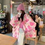 Girlary Winter Japanese Coats Korean Fashion Kawaii Lambswool Coats Pink Heart Women Faux Fur Teddy Jackets Outerwear Female Overcoat