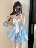 Girlary Sweet Princess Style Bow Strapless Y2k Dress Summer Sexy Birthday Party High Waist Fluffy A-line Short Dresses Fashion