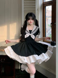 Girlary Black Dress Women Bow Japanese Cute Lolita Dress Women Sweet lace Puff Sleeve Student Dresses Party Sailor Collar Kawaii Dress