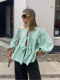 Girlary Casual Shirts Women Lace Up Loose Chic Puff Sleeves Soft Blouse Female 2024 Spring Summer Fashion All-match Bow Tops Lady