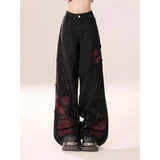 Girlary Women's Baggy Butterfly Jeans Vintage 90s Aesthetic Cowboy Pants Harajuku Oversize Denim Trousers Y2k 2000s Black Gothic Clothes