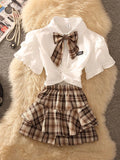 Girlary 2024 Casual Preppy 2 Piece Set Women French Bow Polo-neck White Blouse + Retro Plaid Design A-line Mini Skirts Japanese Style