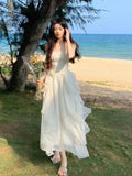 Girlary Elegant Irregular Ruffles Midi Dress Women New Summer Solid Spaghetti Strap Beach Vocation Korean Chic Female Casual Vestidos