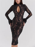 Girlary Black Lace Sexy Maxi Dress For Women See-Through V-Neck Slim Printed Hollow Out Long Sleeve Party Dress Ladies Long Dress