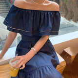 Girlary Fashion Niche Design Ruffles Dress Summer Woman New Vintage Splicing Solid Color Casual Cowboy Dress