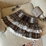 Girlary Kawaii Ruffle Lace Plaid Skirts Women Sweet Elegant Mini Skirt Cutecore Autumn Winter Patchwork A-line Short Skirts