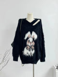 Girlary Fashion Simple V-Neck Classical Pullover Black Kawaii Plush Rabbit Print Sweater Chic Streetwear Jumper Gothic Autumn Winter Y2K