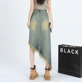 Girlary Raw Edge Women Midi Denim Skirt Spring Summer Korean Streetwear Fashion Irregular Distressed Straight A-line Skirt Shorts