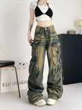 Girlary American New Fashion Multi-pocket Street Overalls Jeans Female Y2K Harajuku Gothic Leisure Popluar Washing Old Wide Leg Pants