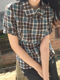 Girlary Y2k Women Vintage Korean Fashion Preppy Style Plaid Shirts Short Sleeve Blouses Design Crop Top 2000s Aesthetic Cute Core Summer