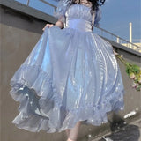 Girlary Blue Puff Sleeve Dress Vintage Skirt Fairy Lady Super Mori Style