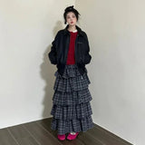 Girlary Vintage Ruffle Plaid Skirt Women Elegant Sweet Long Skirts Japanese Style Streetwear Fashion Patchwork Layered Skirt