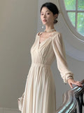 Girlary Autumn Vintage Chiffon Midi Dress Women Long Lantern Sleeve V-neck A-line Vestidos Elegant Chic Evening Party Prom Clothing