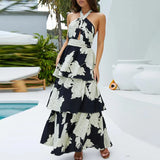 Girlary Spring Women Fashion Pattern Print Long Dress Summer Sexy Hollow Pleat Holiday Beach Dress Elegant Halter Backless Bohe Dresses