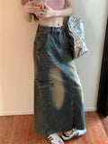 Girlary High Street Jeanswear Maxi Skirts Women Autumn Split Chic Office Lady Denim A-Line Office Lady Slim New Daily