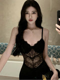 Girlary Sexy Black Lace Maxi Dress for Women Hollow Out Split Bodycon Camisole Dresses Vintage Evening Party Club Fashion Spring Autumn