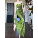 Girlary Women's Sexy Green Mermaid Dress with Sequins, Slimming and Figure-Hugging, Ideal for Glamorous Balls, Exuding a High-End Look.